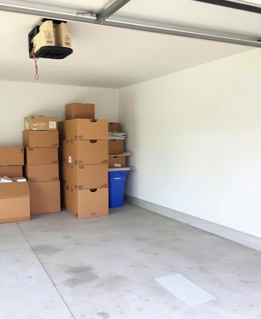 Residential garage mid-cleanout with neatly organized boxes along one wall